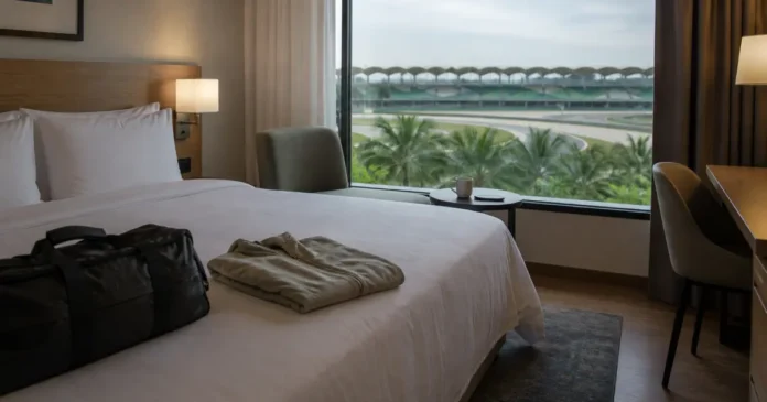 Modern hotel room overlooking the Sepang race circuit through a large window
