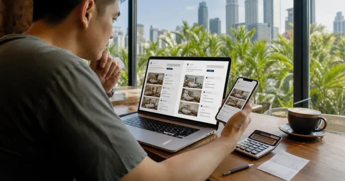Traveller comparing two generic Malaysia hotel-booking screens with a calculator and receipt