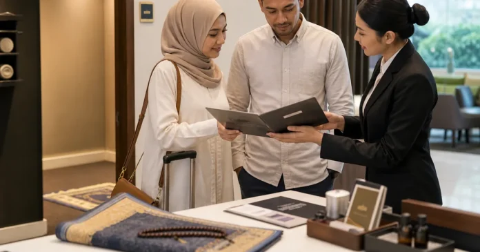 Muslim couple reviewing hotel certification and prayer amenities with a Malaysian staff member