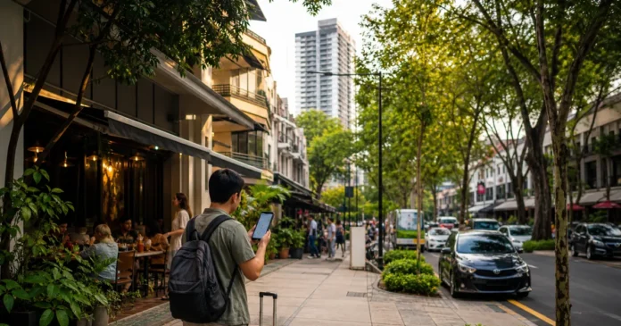 Traveller with luggage checking a map on a leafy restaurant street in a Kuala Lumpur neighbourhood