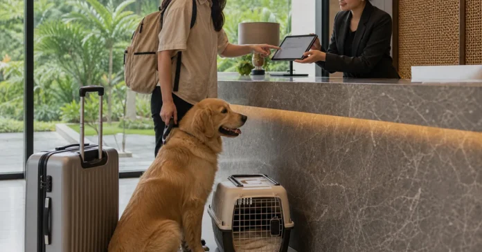 Traveller with a large dog reviewing a pet policy with staff at a Kuala Lumpur hotel reception