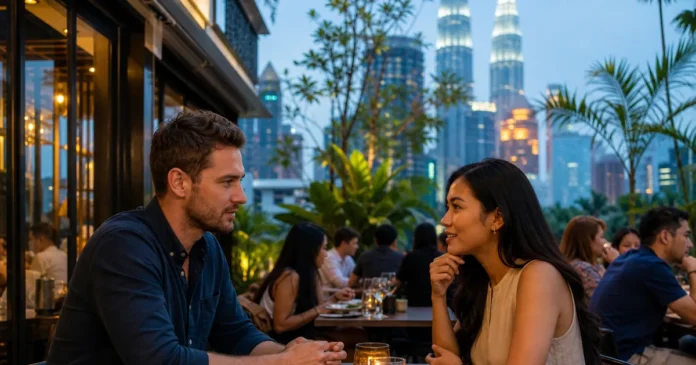 Foreign resident and Malaysian adult having a respectful first-date conversation at a Kuala Lumpur cafe