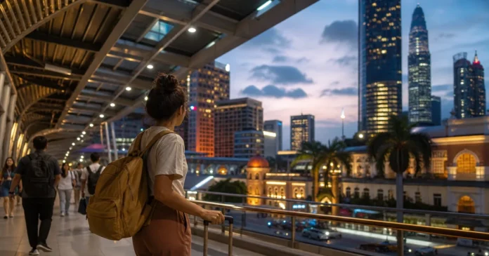 Traveller with luggage on a Kuala Lumpur transit walkway looking toward the illuminated city centre