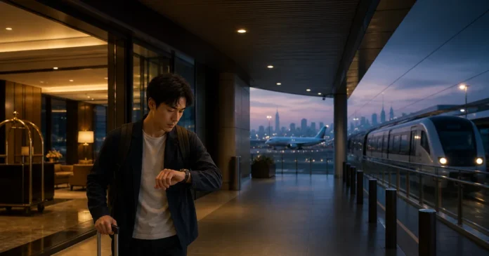 Early-morning traveller checking the time between an airport hotel entrance and rail connection at KLIA