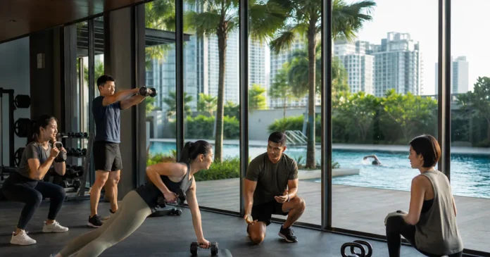 Residents completing a group workout in a Kuala Lumpur condominium gym beside a tropical pool