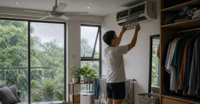 Resident cleaning an air-conditioner filter in a Kuala Lumpur apartment during tropical rain