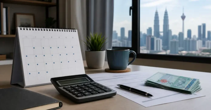 Calendar, calculator and Malaysian ringgit on a desk overlooking Kuala Lumpur