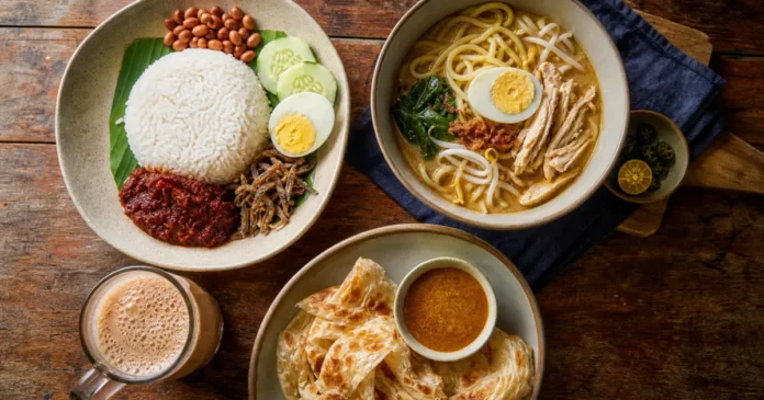Overhead view of Malaysian dishes including nasi lemak, noodle soup, roti and teh tarik