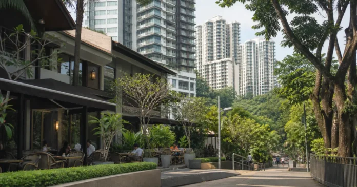 Green residential walkway and high-rise condominiums in Mont Kiara