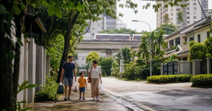 Expat family walking through a leafy Petaling Jaya neighbourhood near an elevated rail line