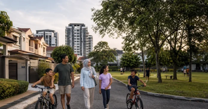 Family walking and cycling beside a green suburban park in Subang Jaya