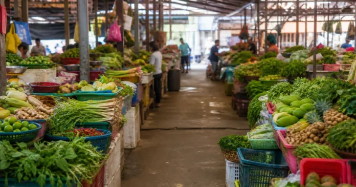 Fresh produce stalls inside a neighbourhood wet market in TTDI
