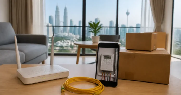 Wi-Fi router, fibre cable and photographed electricity meter in a Kuala Lumpur apartment