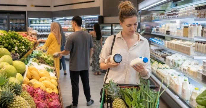 Expat shopper comparing unbranded dairy products beside tropical produce in a Kuala Lumpur supermarket