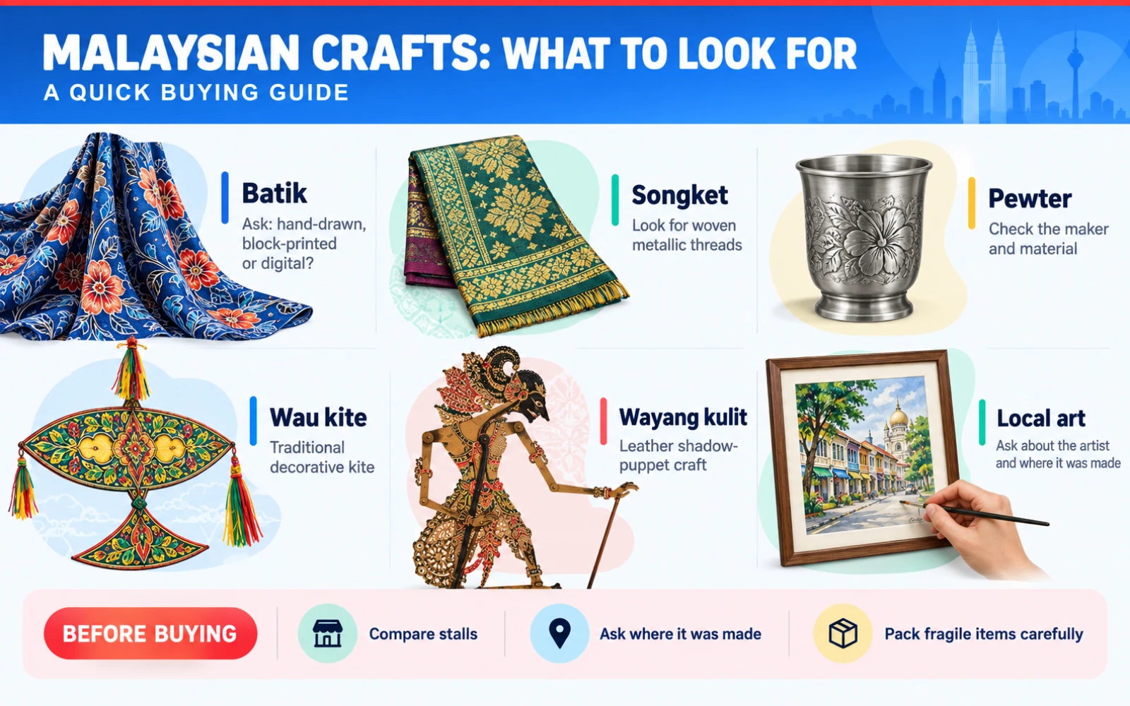 Buying guide to Malaysian batik, songket, pewter, wau kites, wayang kulit and local art