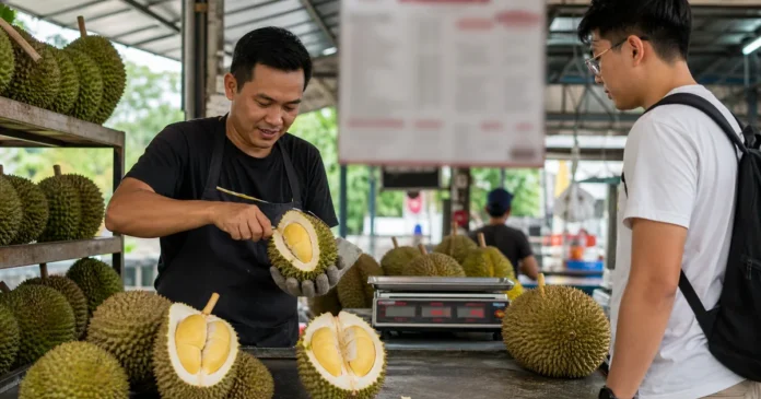 Durian vendor opening fresh fruit beside a weighing scale while a traveller watches at a Kuala Lumpur stall